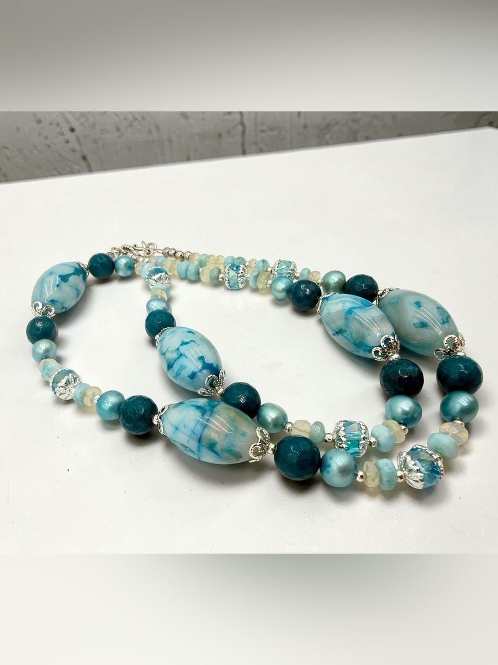 Artisan Murano Style Glass Larimar Apatite Opal Pearl Necklace 22” Ocean Blue - Picture 12 of 17